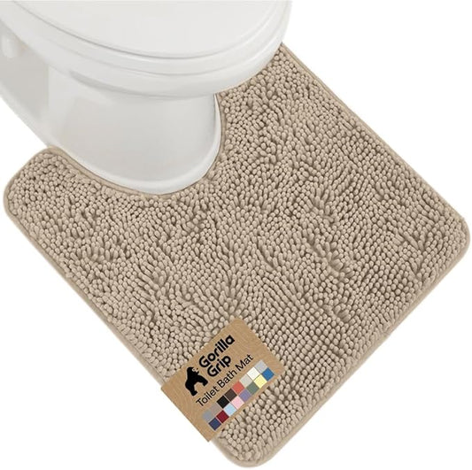 GORILLA GRIP Plush Absorbent Shaggy Chenille Bath Rug Mat for Oval Toilet Base with Rubber Backing, Machine Washable Rugs, Soft Microfiber Contour Mats for Toilets, Bathroom Decor, Gray Beige