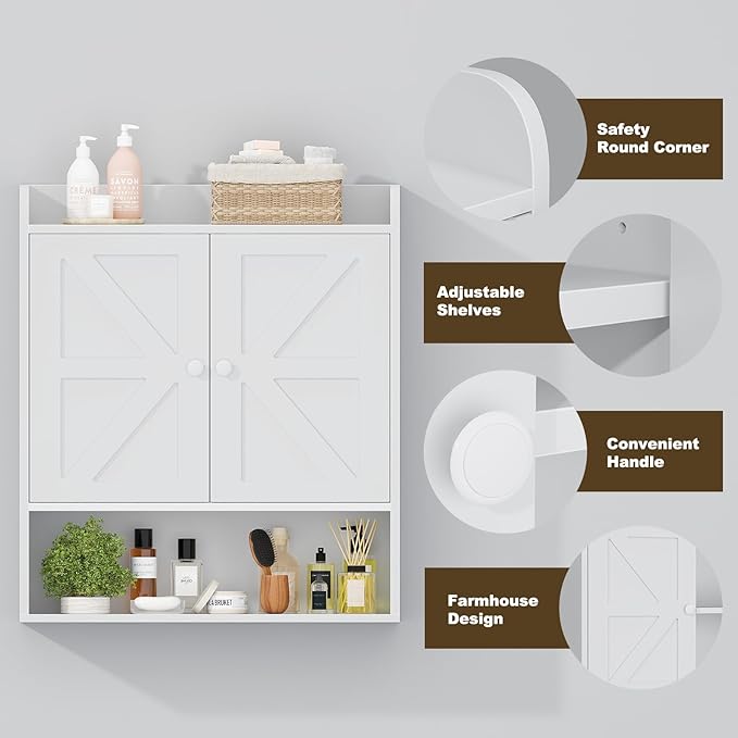 EasyCom 22" W x 26" H Bathroom Wall Cabinet, Farmhouse Medicine Cabinet with Adjustable Shelves and 2 Barn Doors, Over The Toilet Storage Cabinet for Bathroom,Kitchen,Living Room,White