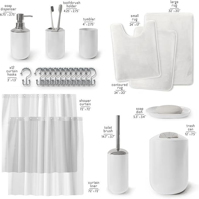 Clara Clark Bathroom Set - White Bathroom Accessories Set, Bathroom Sets with Shower Curtain and Rugs, 23PC Shower Curtain Set with Liner, Soap Dispenser, Soap Dish, Toilet Brush Holder, and Trash Can