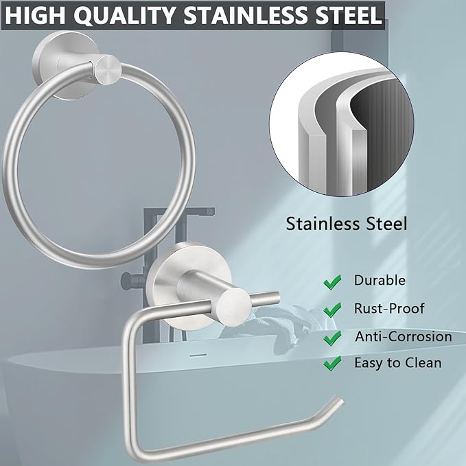 Towel Ring and Toilet Paper Holder Set, Stainless Steel Bath Towel Hanger and Tissue Roll Holders, Bathroom Hardware Accessories Wall Mounted 2 Pieces (Brushed Nickel)