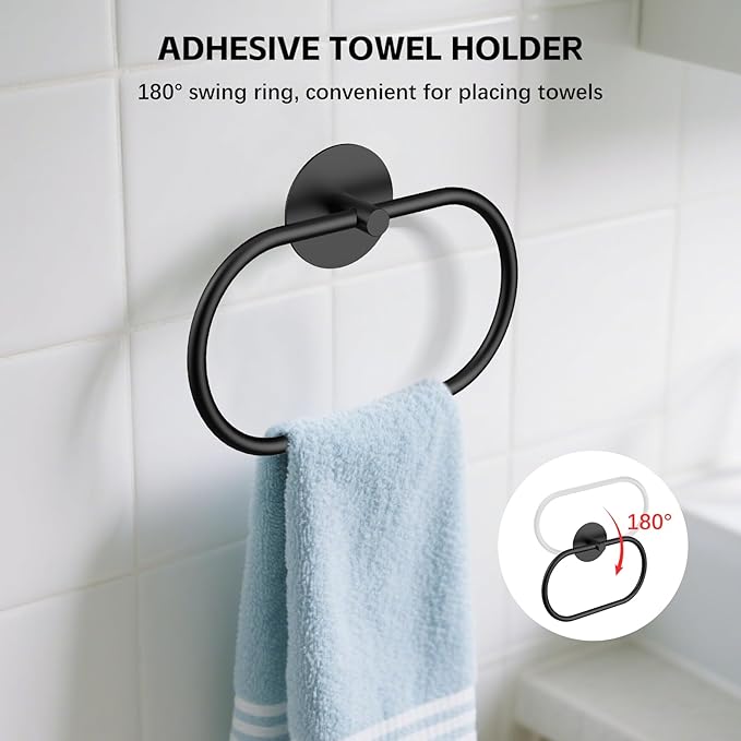 Adhesive Towel Holder Matte Black Hand Towel Holder for Bathroom Wall Stainless Steel Towel Ring for Bathroom Hardware Accessories No Drilling, 2 Packs