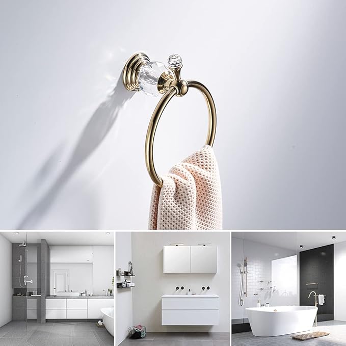 WOLIBEER Gold Towel Ring, Crystal Hand Towel Holder Polished Brass Bling Towel Bar Bathroom Accessories Wall Mounted