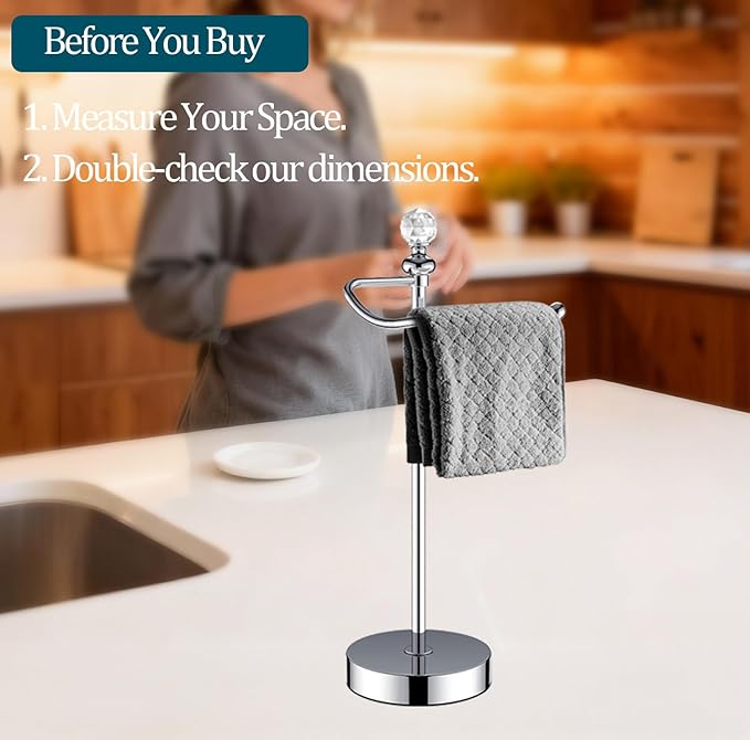ROLABAM Bath Hand Towel Holder Standing, Stainless Steel Stable Free-Standing Towel Bar for Bathroom Kitchen Countertop, Rustic Towel Ring Stand with Crystal Ball 15.7” H (Polished Chrome, 2 Pack)