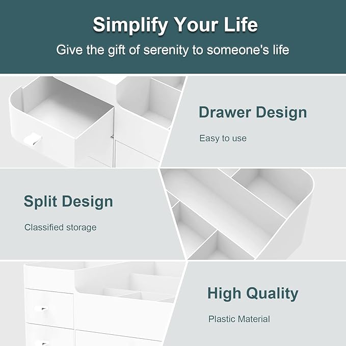 Makeup Organizer for Vanity, Large Countertop Organizer with Drawers, Cosmetics Storage for Cosmetics, Lipsticks, Jewelry, Nail Care, Skincare, Ideal for Bedroom and Bathroom Countertops (White)