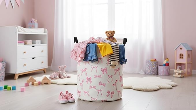 19.7" Laundry Basket,Dirty Clothes Hamper,Waterproof Storage Bin,Room Decor,Gift Baskets,Nursery Hamper(Pink Bowknot)