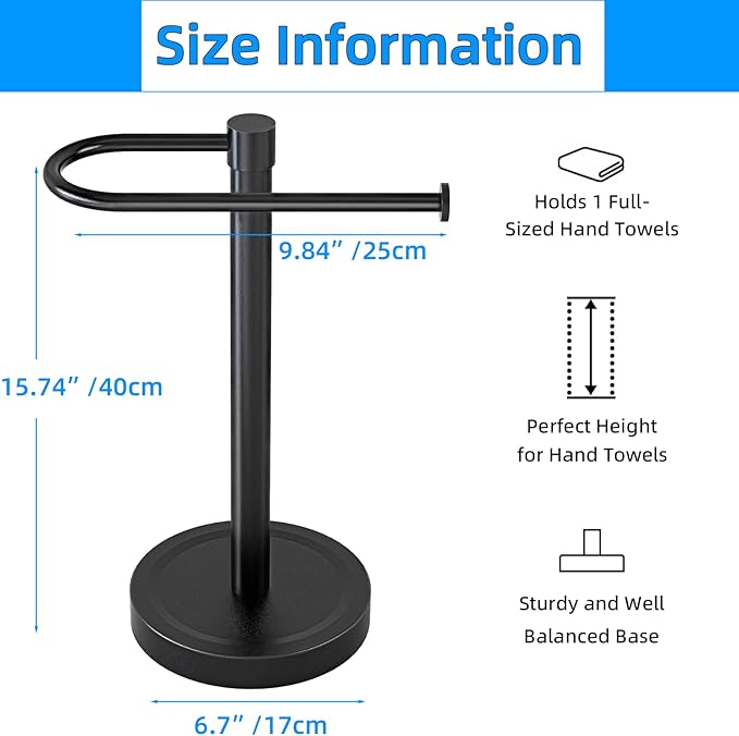 Heavy Duty Towel Holder Stand, Stainless Steel Hand Towel Holder Rack for Bathroom Countertop, Weighted Base C-Shape Free Standing Towel Bar for Bathroom Kitchen Countertop, Matte Black