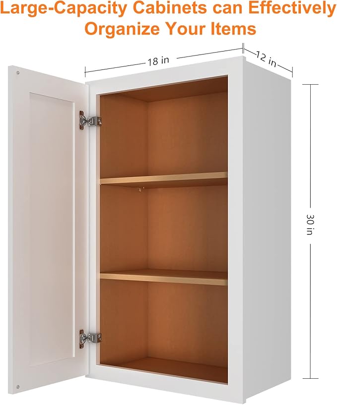 ROOMTEC Wood Wall Cabinet,RTA Single Door Medicine Cabinet with Adjustable Shelves and Soft-Close Door for Kitchen, Bathroom, and Laundry. 12" D*18" W*30" H, Shaker White