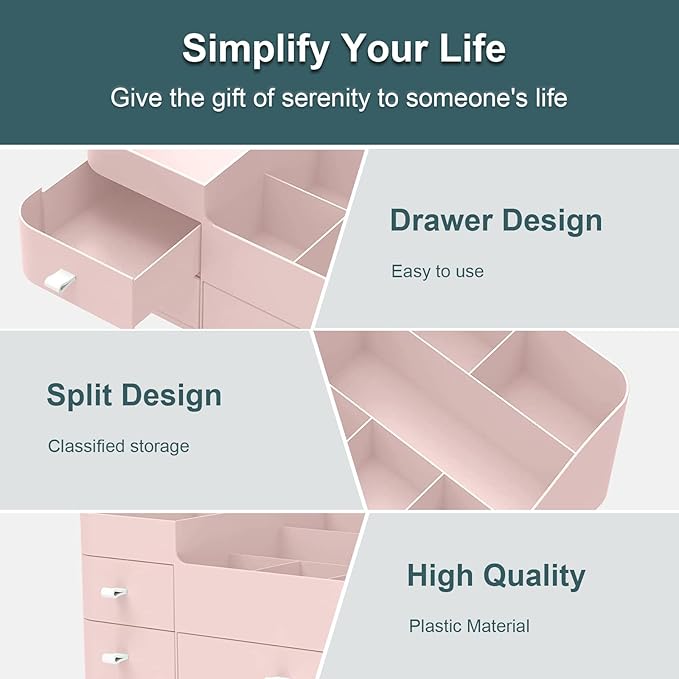Makeup Organizer for Vanity, Large Countertop Organizer with Drawers, Cosmetics Storage for Cosmetics, Lipsticks, Jewelry, Nail Care, Skincare, Ideal for Bedroom and Bathroom Countertops (Pink)