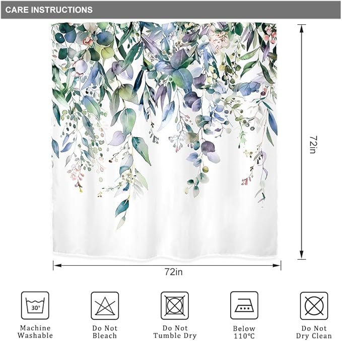 Riyidecor Teal Shower Curtain for Bathroom Decor 72Wx72H Eucalyptus Leaves Plants Navy Watercolor Floral Rustic Botanical Spring Nature Art Printed Fabric Polyester Waterproof 12 Pack Plastic