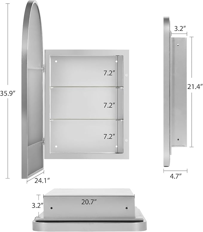 SogesHome 3-Tier Medicine Cabinet with Shelf, Home Storage Bathroom Wall-Mounted & Recessed Mirror Cabinet for Bathroom, Bedroom, (Arched,Silver)