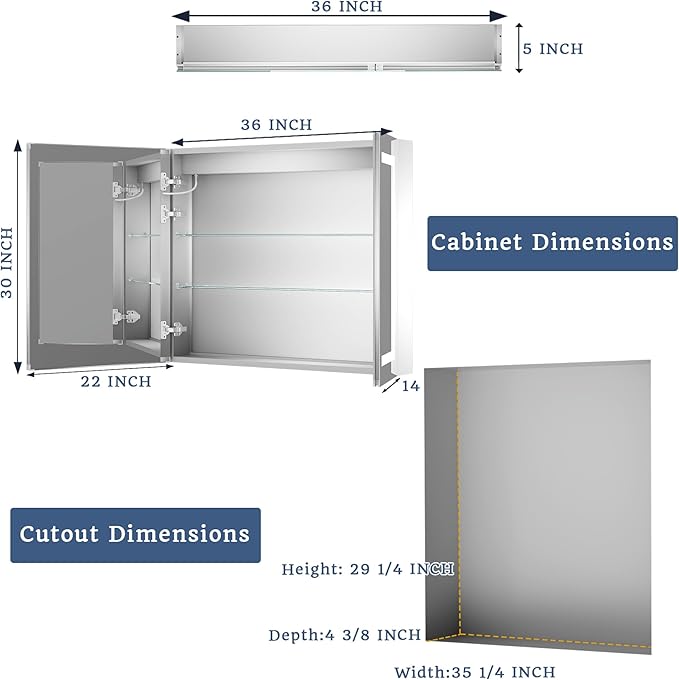 ExBrite LED Lighted Bathroom Medicine Cabinet with Mirror, 36 x 30 Inch,Recessed or Surface Mount,Anti-Fog, Stepless Dimming,Color Temperature Change,Built-in 6000K Sensor Light,Storage Shelves