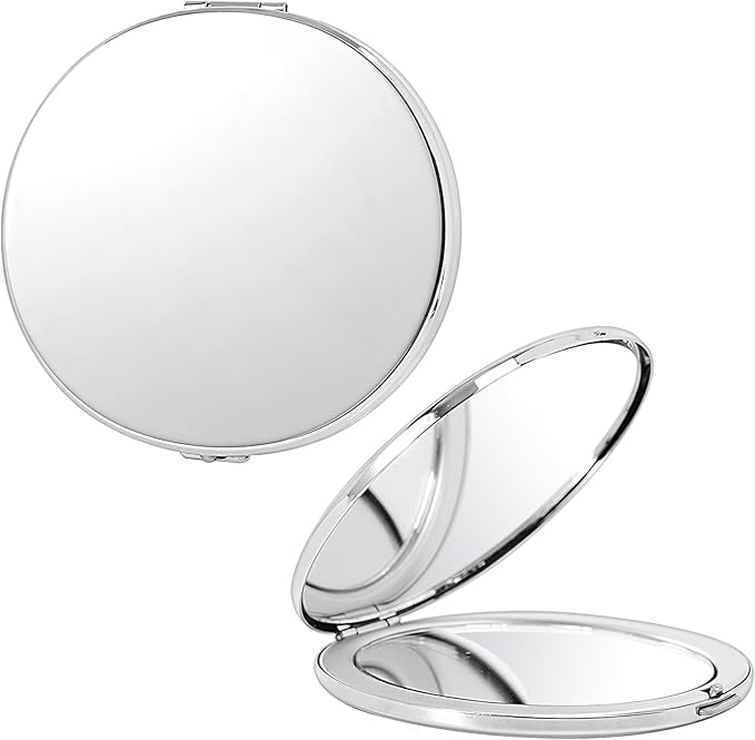 Oval Mini Portable Metal Folding Mirror, Beautiful and Elegant, Sturdy and Durable, 1X/2X Magnifier. (Oval Silver)