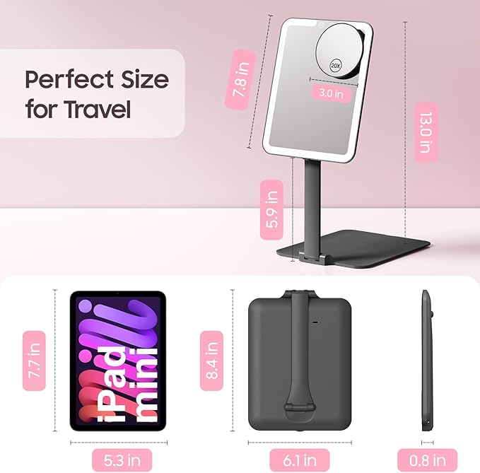 Benbilry Foldable Travel Makeup Mirror with Lights and 20X Magnification, Rechargeable Tabletop LED Vanity Mirror with Adjustable Stand, 3-Colored Dimmable Lighting, Portable Cosmetic Mirror, Black