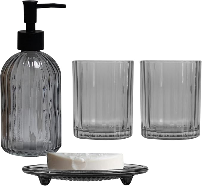 Glass Bathroom Accessories Set, 4Pcs Soap Dispenser Set Includes Soap Dispenser, Toothbrush Holder, Mouthwash Cup, Soap Dish for Home Decor, Countertop Vanity Organize (Grey)