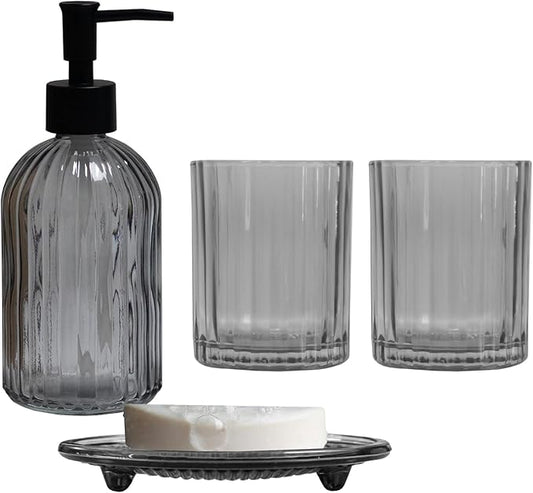 Glass Bathroom Accessories Set, 4Pcs Soap Dispenser Set Includes Soap Dispenser, Toothbrush Holder, Mouthwash Cup, Soap Dish for Home Decor, Countertop Vanity Organize (Grey)