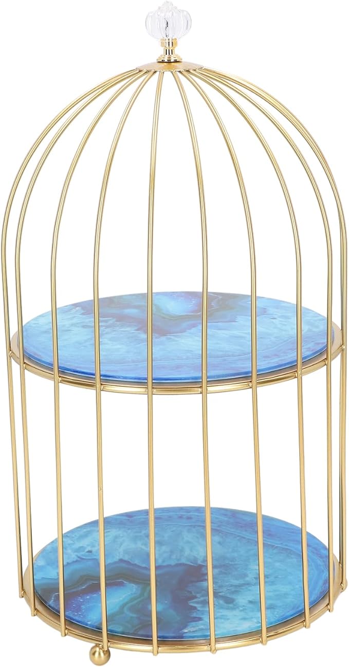 Double Layer Storage Shelf Bird Cage Organizer Display Rack for Bathroom Countertop Dressing Table Gold Frame (Agate Stone Pattern)