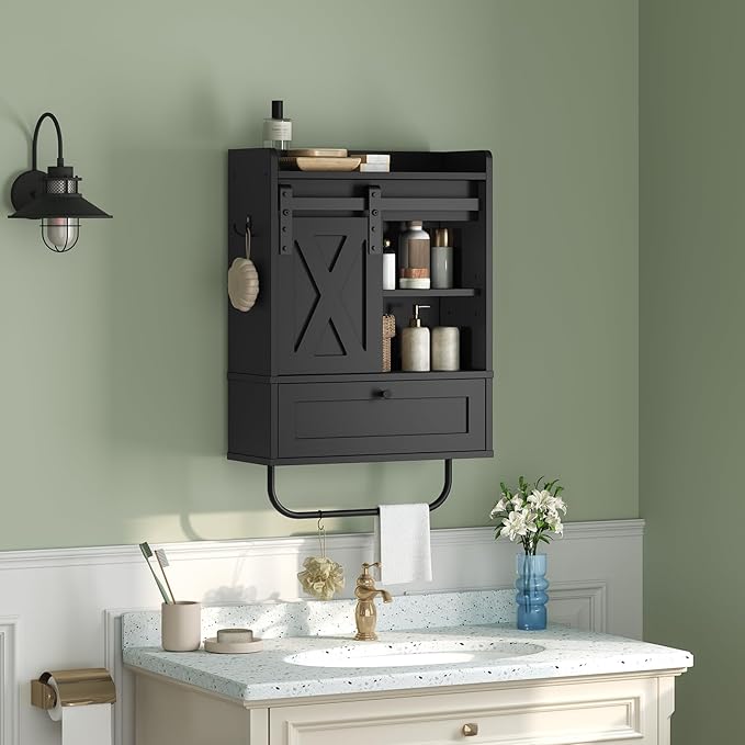 MAHANCRIS Bathroom Wall Cabinet, Farmhouse Medicine Cabinets with Sliding Door, Wall Mounted Storage Cabinet with Adjustable Shelf and Towel Bar, for Bathroom, Living Room, Kitchen, Black