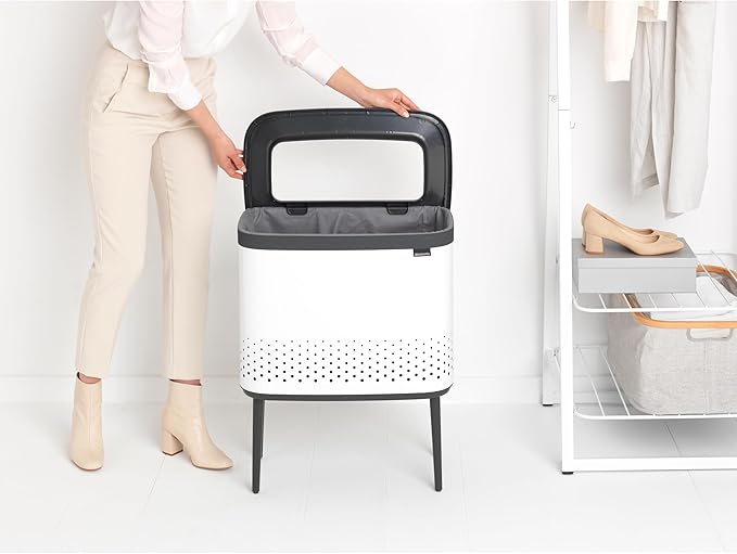 Brabantia Bo Laundry Hamper (White) Removable Laundry Bag 16 Gal, Ventilated Stylish Discreet Dirty Clothes Holder, Flat Back, Anti-Rust Materials for Bathroom Use