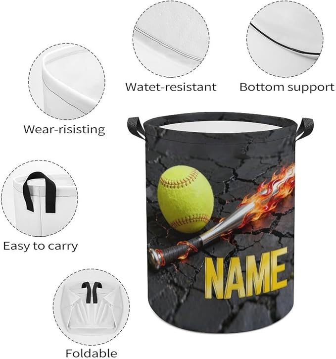 Personalized Softball Laundry Hamper Custom Name Funny Dirty Clothes Laundry Basket Portable Storage Basket For Home Bathroom Family Softball Lovers Xmas Birthday (style 4)
