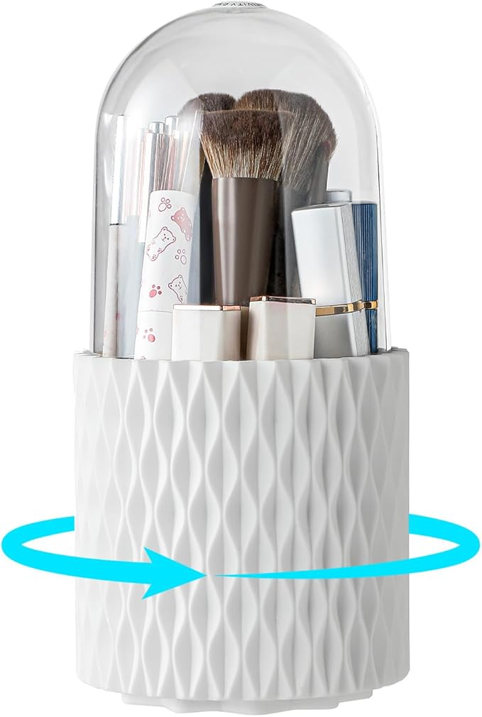 Makeup Brush Holder with Lid, 360?? Rotating Dustproof 5-Slot Cosmetic Organizer for Vanity Countertop, Spinning Brush Caddy with Cover for Lipstick, Hair Brush & Art Supply, White