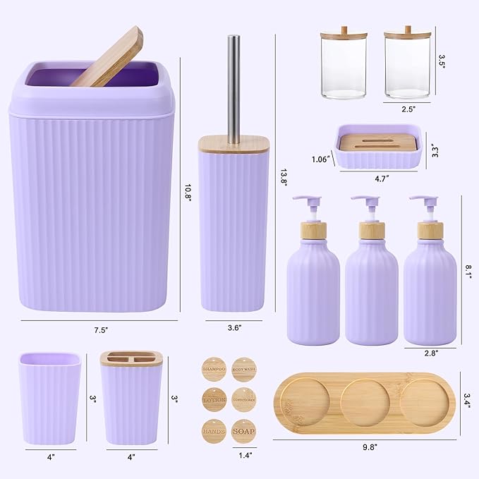 Light Purple Bathroom Accessories Set 17PCS Bathroom Set with Trash Can 3PCS Lotion Soap Dispenser, Toothbrush Holder, Soap Dish,Tumbler Cup,6PCS Wood Tags Bath Accessories with Tray for Bathroom
