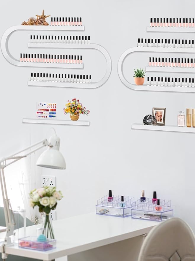 Lorvain 6PS Metal Wall Mounted Nail Polish Storage Racks, White Display Rack U Shape Cosmetic Display Case Lipstick Perfume Wall Shelf Essential Oil Organizer for Nail Polish Bottles Spa Nail Salon