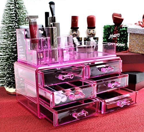 Pink Acrylic Cosmetics Makeup Jewelry Organizer 6 Drawers with 8 Compartments Top Section ( idea for Christmas, birthday gift)