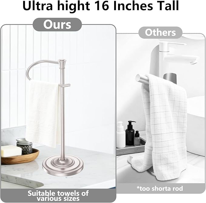 Nickel Bath Hand Towel Holder Stand,Stainless Steel 16 Inch Free Standing Towel Rack,Heavy Weight Towel Bar for Bathroom Vanity Countertop &Kitchen