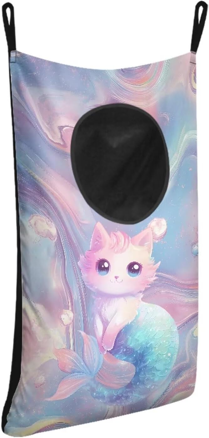 ZOUTAIRONG Cat And Fish Design Over The Door Laundry Hamper Hanging Storage Bag Over The Door Closet Organizers Clothes Hampers Space Saving Laundry Bag