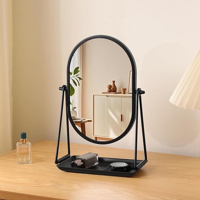 Desk Table Mirror with Stand Portable Vanity Tabletop Mirrors Black Metal Framed Oval Makeup Mirror 360°Adjust Rotate Cosmetic Mirrors Good for Office Bedroom Bathroom Dorm