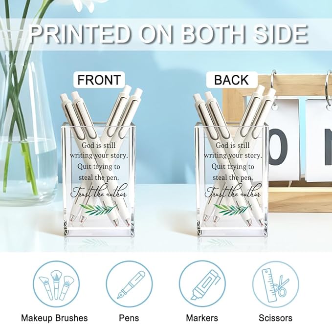 God Is Still Writing Your Story Acrylic Cosmetic Pencil Holder Cup, Christian Pen Holder for Desk, Christian Gifts for Women Girls, Inspirational Gifts for Family Friends Colleagues