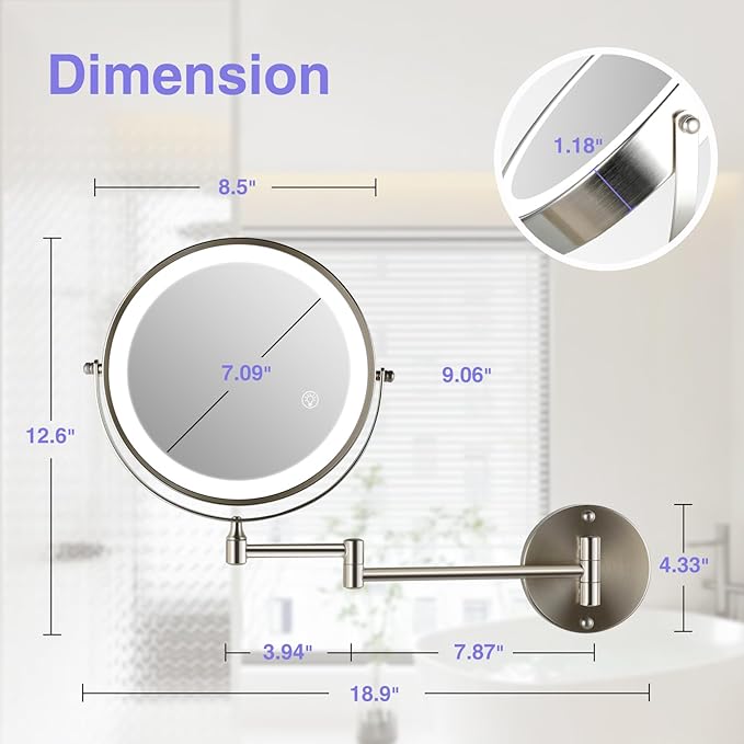 GREENFROM Magnifying Mirror with Lights 1X/20X: 8.5" Double Sided 3000mAh Rechargeable Wall Mounted Lighted Makeup Mirror for Bathroom, Brushed Nickel