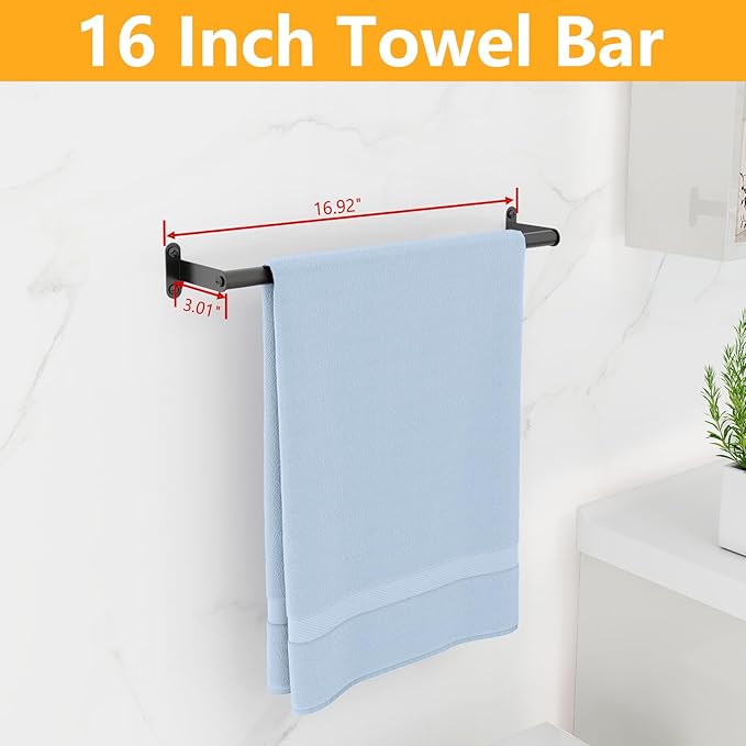 Towel Bar for Bathroom Wall, Matte Black Bathroom Towel Bar Wall, 16 Inch Single Towel Bar Rod for Hanging Towels, Stainless Steel