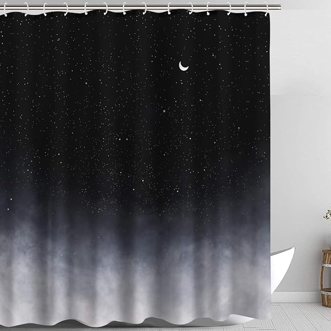 Neasow Black Shower Curtain,Stars and New Moon Bathroom Curtain Night Starry Sky Shower Curtains