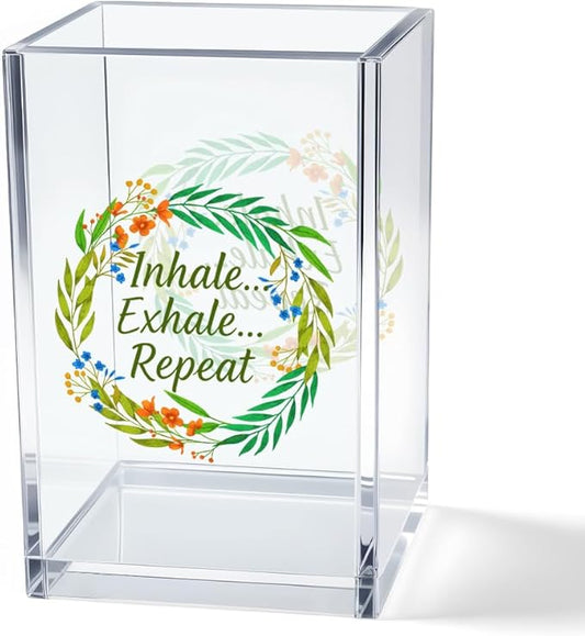Inhale Exhale Repeat Acrylic Cosmetic Pencil Pen Holder Cup, Inspirational Desk Organizer Accessories for Home Office Meditation Room Decor, Motivational Gifts for Women Girl Yoga Lover Coworker