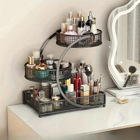 3-Tier Metal Cosmetic Organizer,Cosmetic Storage Rack for Vanity Tables,Multipurpose Metal Bathroom Organizers and Storage, Home and Office use Countertop Organizer (Round-Black)