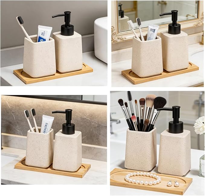 Beige Soap Dispenser and Toothbrush Holder Set,Ceramic Bathroom Accessories Set with Tray.Lotion Dispenser and Tumbler for Modern Bathroom Decor