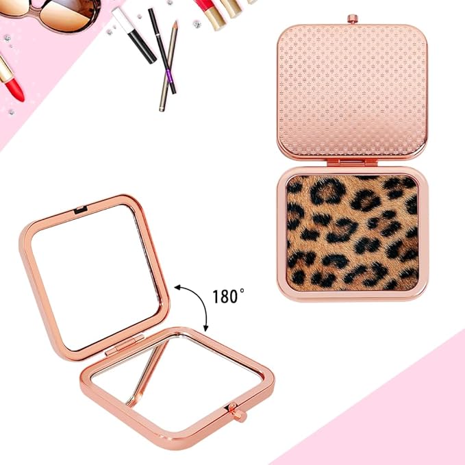 Cheetah Leopard Brown Print Foldable Travel Pocket Mirror Square Metal Portable Mini Makeup Double Sided Handheld Magnifying, 2.8 in