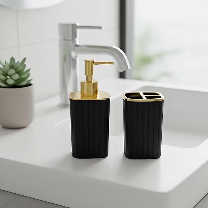 2Pack Bathroom Accessories Set, Black Gold Bathroom Set. Bathroom Toothbrush Holder Set, Includes Dispenser and Toothbrush Holder. Bohemian Bathroom Accessories