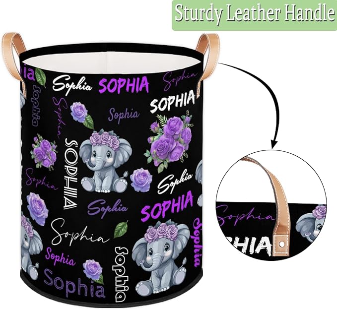 Custom Elephant Laundry Hamper, Personalized Laundry Baskets with Handles Dirty Clothes Hamper Storage Basket
