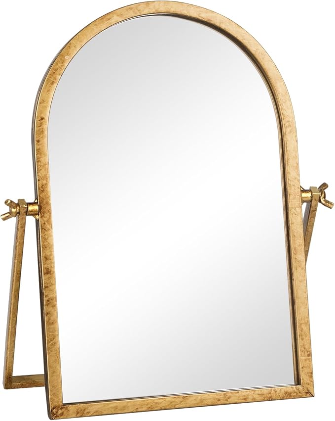 Vintage Makeup Desk Mirror, 11.8" L x 7.9" W Antique Gold Vanity Table Mirror, Metal Framed Arched Small Standing Mirrors, 360 Adjustable Rotation Mirrors for Tabletop, Bathroom