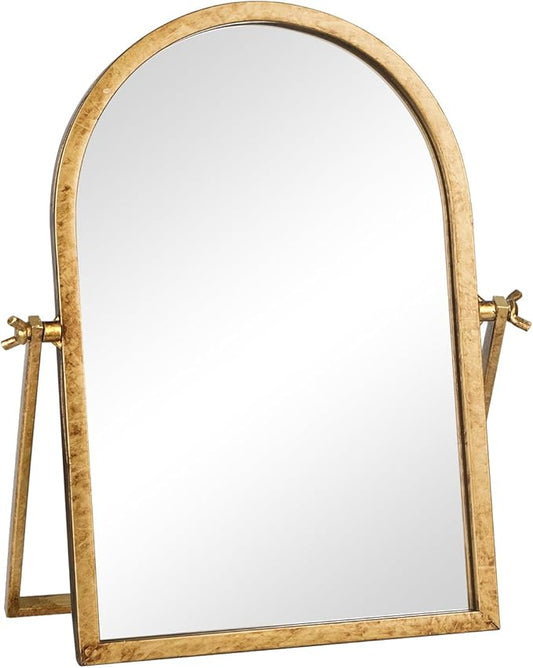 Vintage Makeup Desk Mirror, 11.8" L x 7.9" W Antique Gold Vanity Table Mirror, Metal Framed Arched Small Standing Mirrors, 360 Adjustable Rotation Mirrors for Tabletop, Bathroom