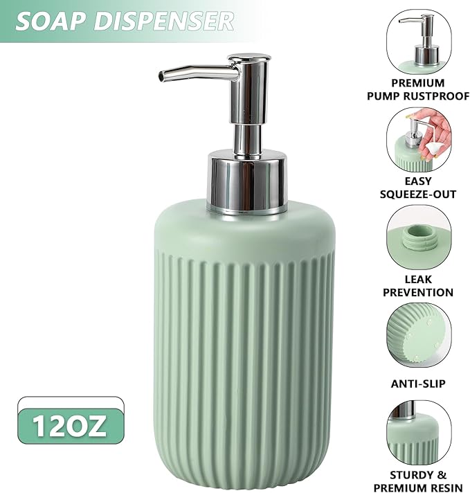 XLHOMO Resin Light Green Bathroom Accessories Set 5 Pcs, Lotion Soap Dispenser, Toothbrush Holder, Bathroom Tumbler, Qtip Holder and Vanity Tray, Bathroom Countertop Organizer Set for Modern Apartment