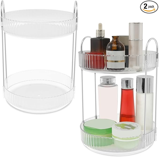 Rotating Makeup Organizer 360°Rotating Skincare Organizer Large Capacity Rotating Cosmetic Organizer 2 Layers Rotating Vanity Organizer Practical Rotating Dresser Organizer for Countertop (Clear 2PCS)