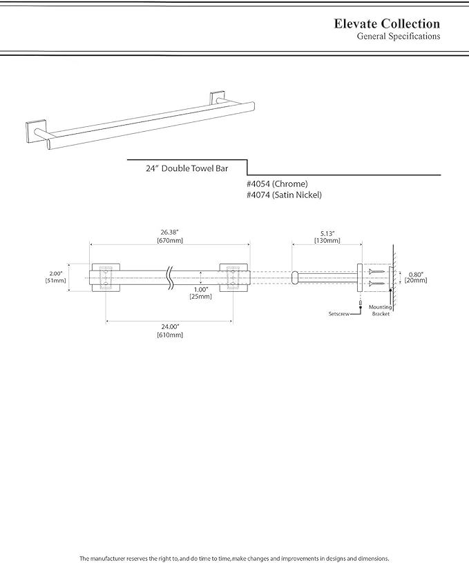 Gatco 4054 Elevate Double Towel Bar, Chrome/Wall Mounted 24 Inch Double Towel Holder Rack for Bathroom