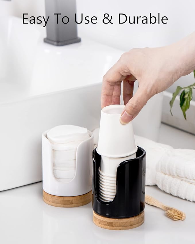 Ceramic Bathroom Cups Dispenser - 3 oz Disposable Paper & Plastic Bathroom Cups Holder - Mouthwash Cups Dispenser for Bathroom, Guest Toiletries, Countertop - BPA Free, Kids Safe (Black)
