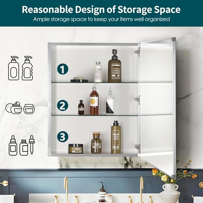 Movo Medicine Cabinet with Mirror, 24 Inch x 30 Inch Aluminum Mirror Cabinet with Single Door, Bathroom Medicine Cabinet, Surface Mount or Recess Installation