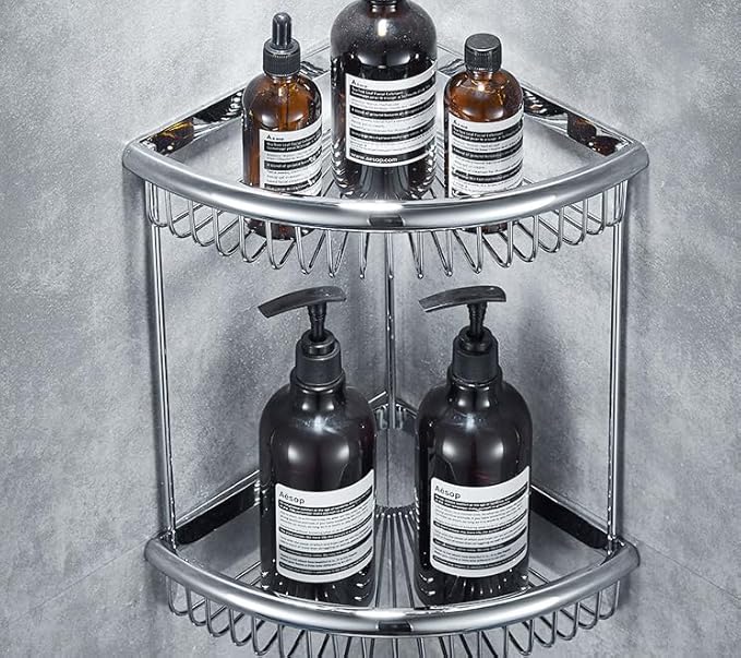 Bathroom Shelves, Wall-Mounted Corner Shelves, Double-Walled Triangular Storage Shelves, Silver-Double Shelves