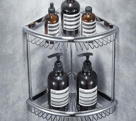 Bathroom Shelves, Wall-Mounted Corner Shelves, Double-Walled Triangular Storage Shelves, Silver-Double Shelves