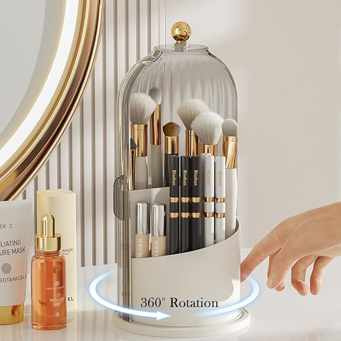 Makeup Brush Holder Organizer with Lid, 360?? Rotating Clear Dustproof Cosmetics Storage, Makeup Brushes Cup Pen Holder for Vanity Desktop Bathroom Countertop (Clear White Cap)